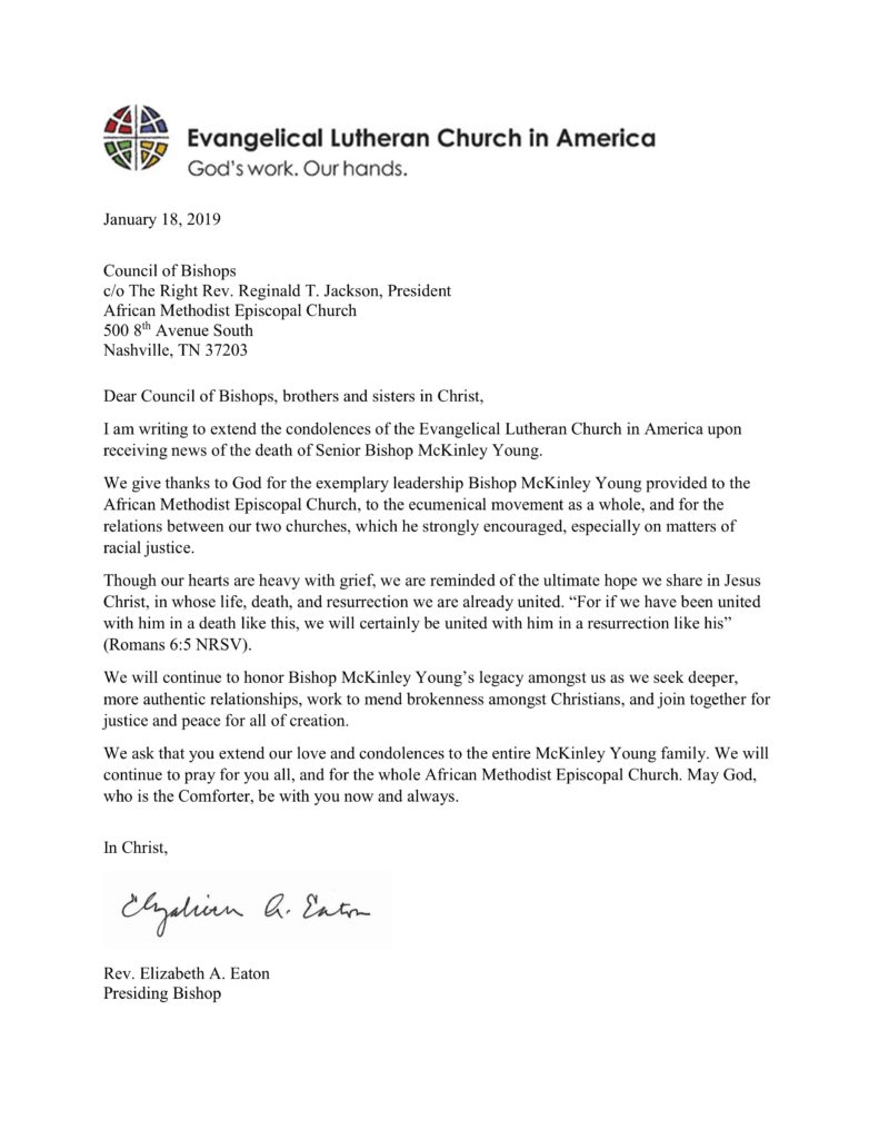 Condolences Regarding the Late Bishop McKinley Young - AME Church